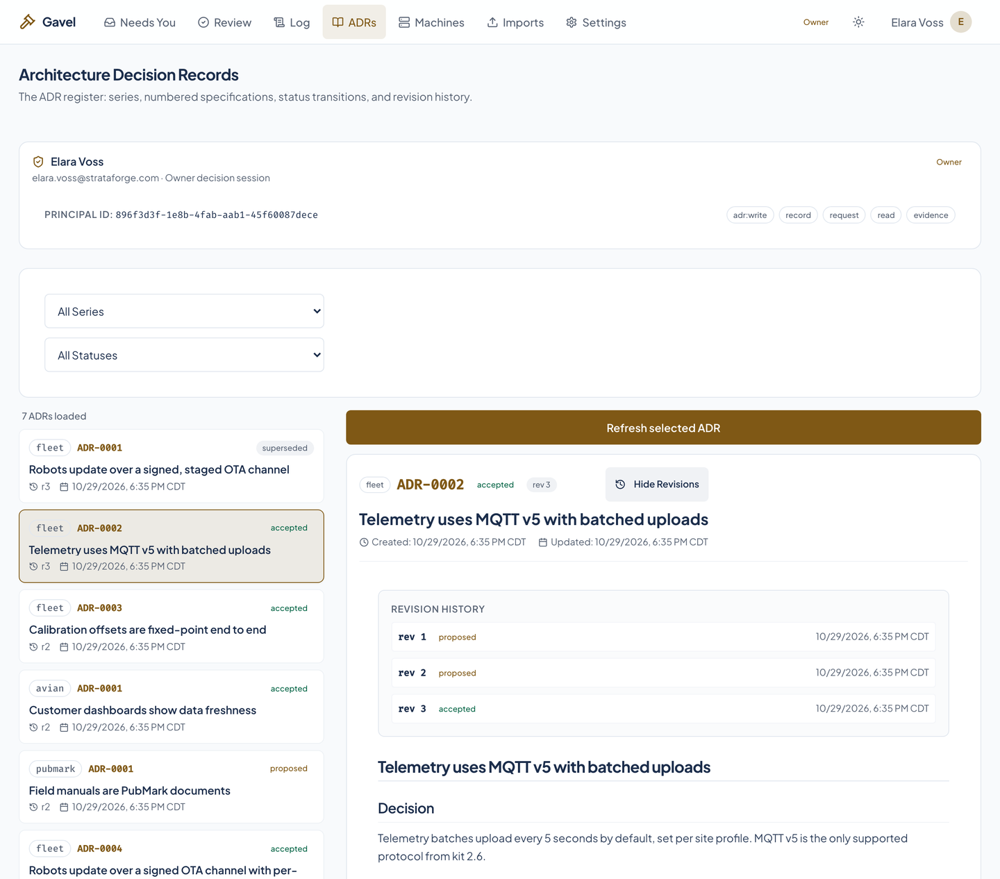 An accepted ADR with its revisions panel open, listing each revision.