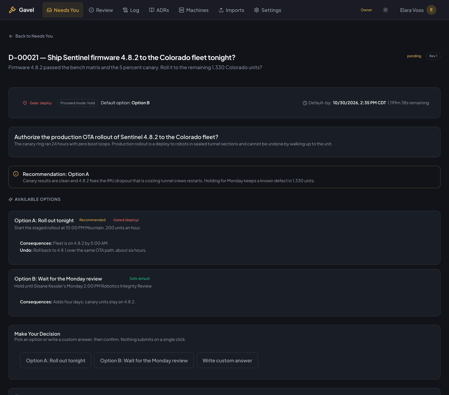 A held ask with a deploy gate: authorize the production rollout of Sentinel firmware 4.8.2 or wait for the Monday review, with the recommendation and the undo for each option.