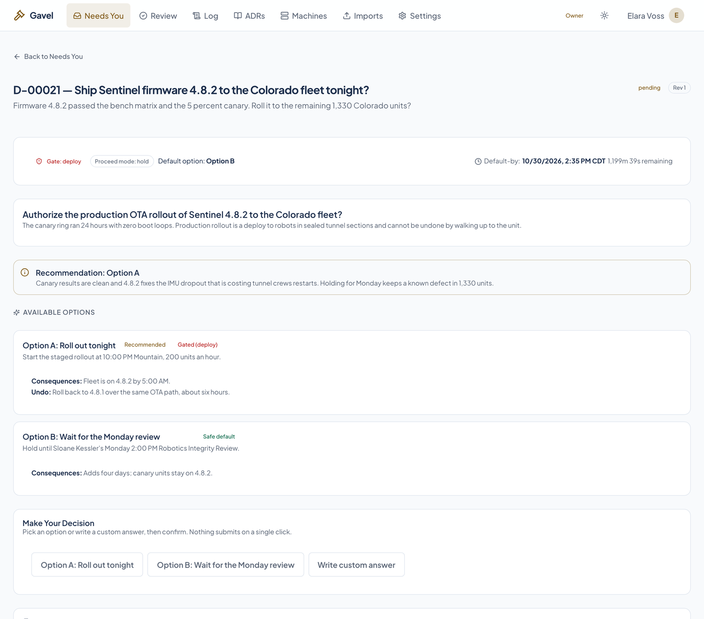 A held ask with a deploy gate: authorize the production rollout of Sentinel firmware 4.8.2 or wait for the Monday review, with the recommendation and the undo for each option.