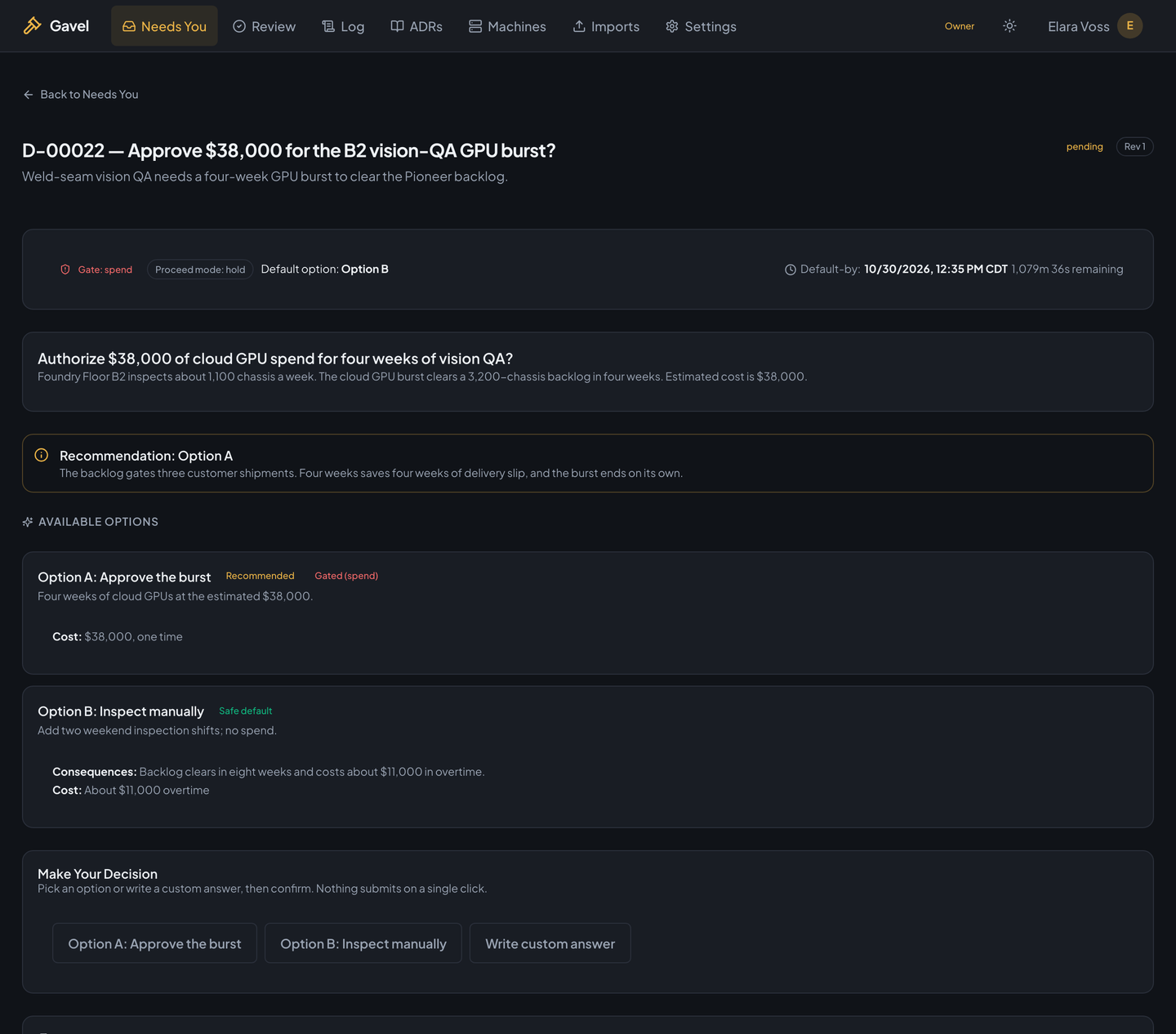 A held ask with a spend gate: approve a $38,000 GPU burst or inspect manually, each option showing its cost note.