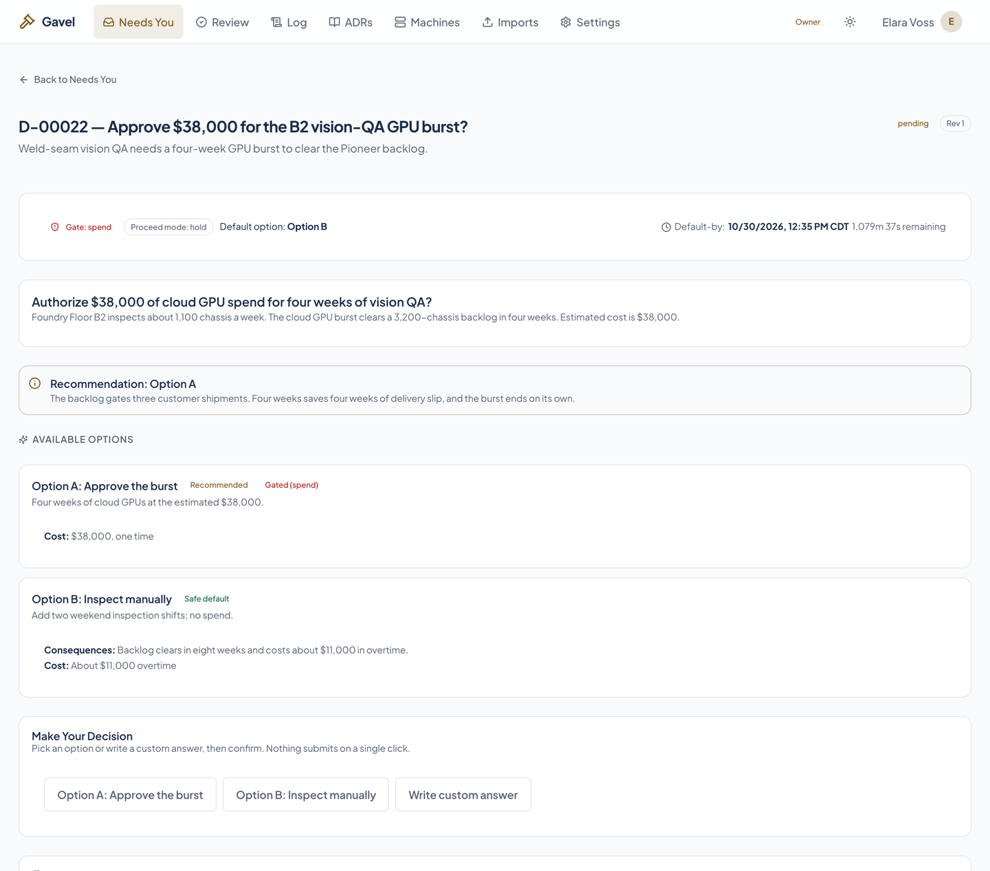 A held ask with a spend gate: approve a $38,000 GPU burst or inspect manually, each option showing its cost note.