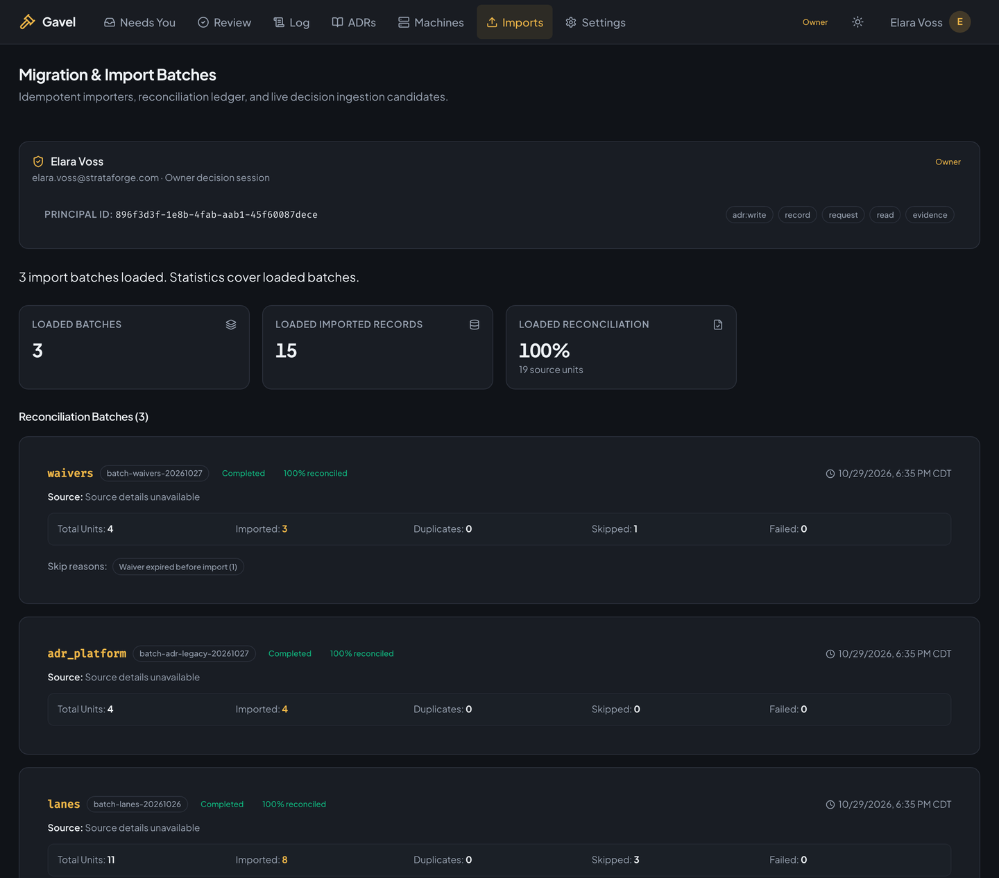 Gavel's Imports page: three import batches with source units, imported, duplicate, skipped, and failed counts and the reconciliation percentage.