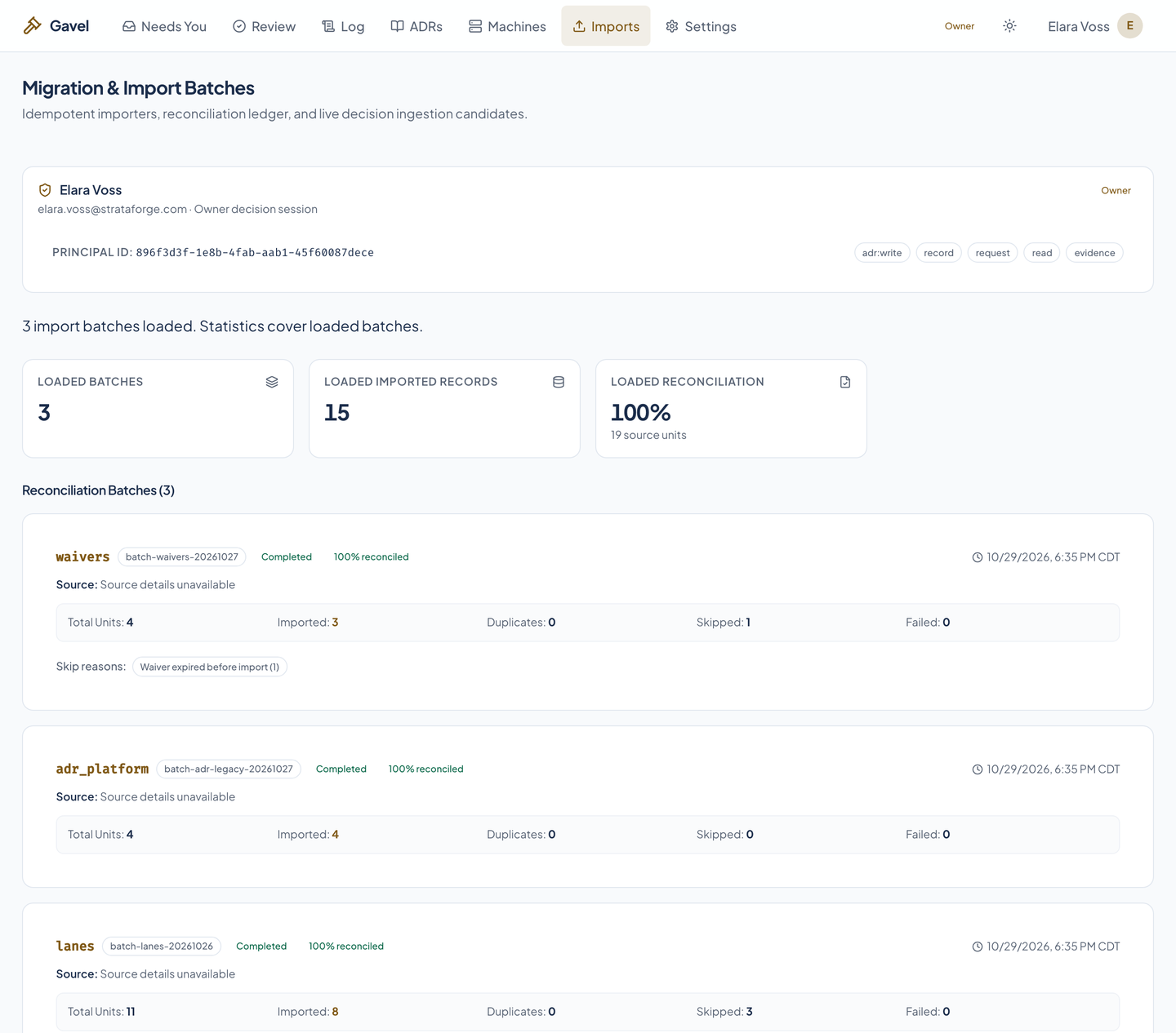Gavel's Imports page: three import batches with source units, imported, duplicate, skipped, and failed counts and the reconciliation percentage.