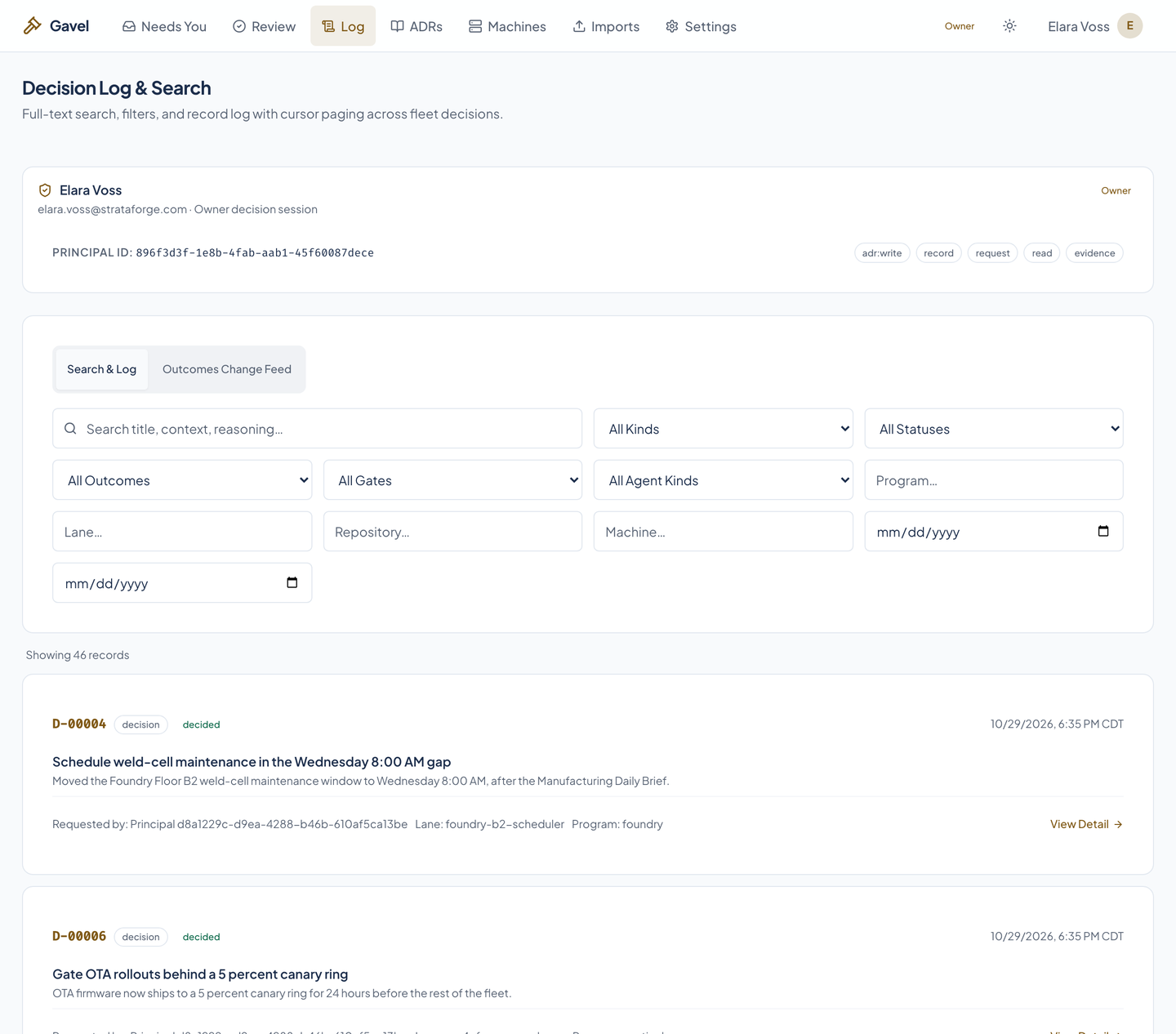 Gavel's decision log: a searchable list of every recorded decision with its state.