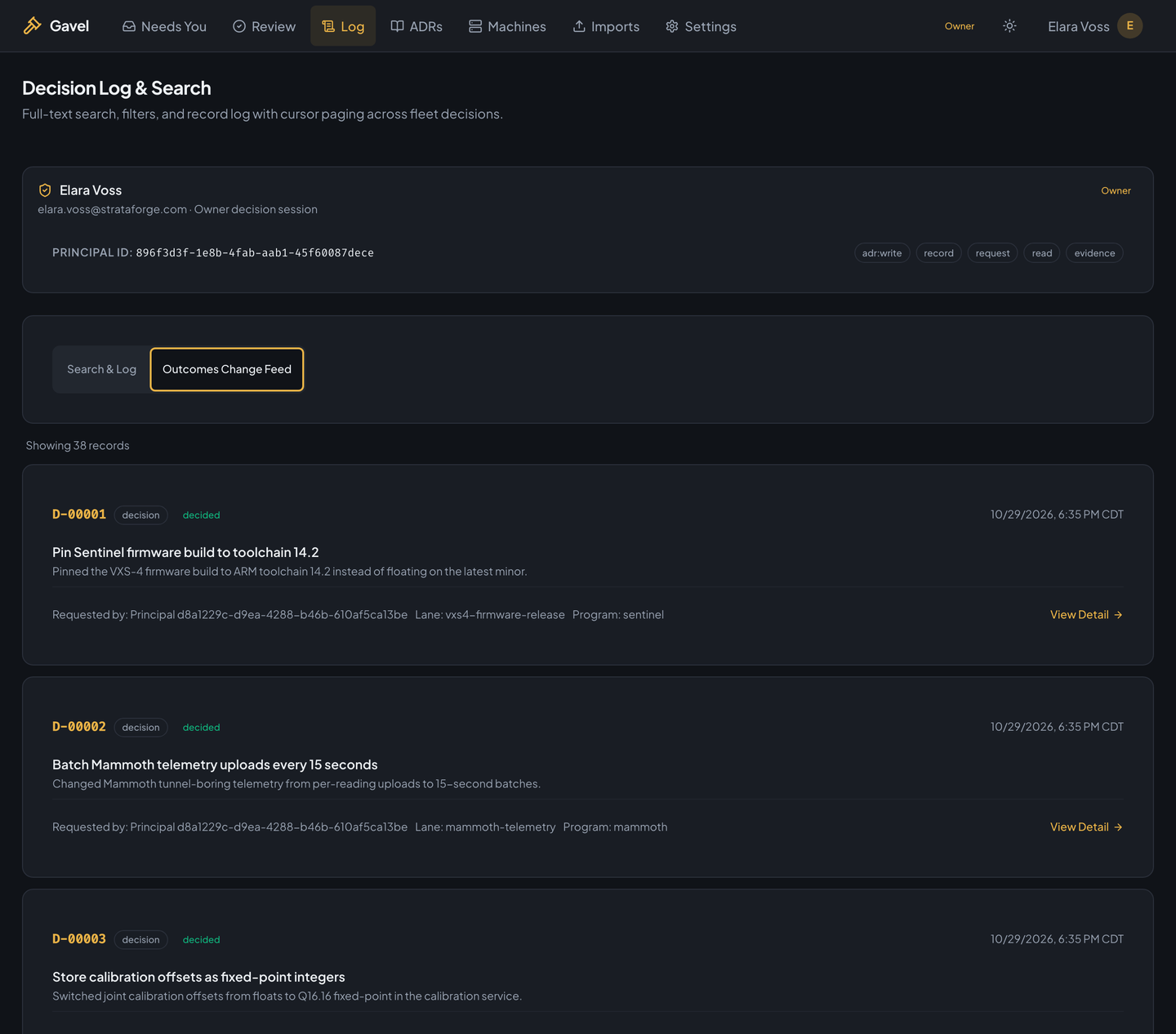 Gavel's Log page in outcomes mode.
