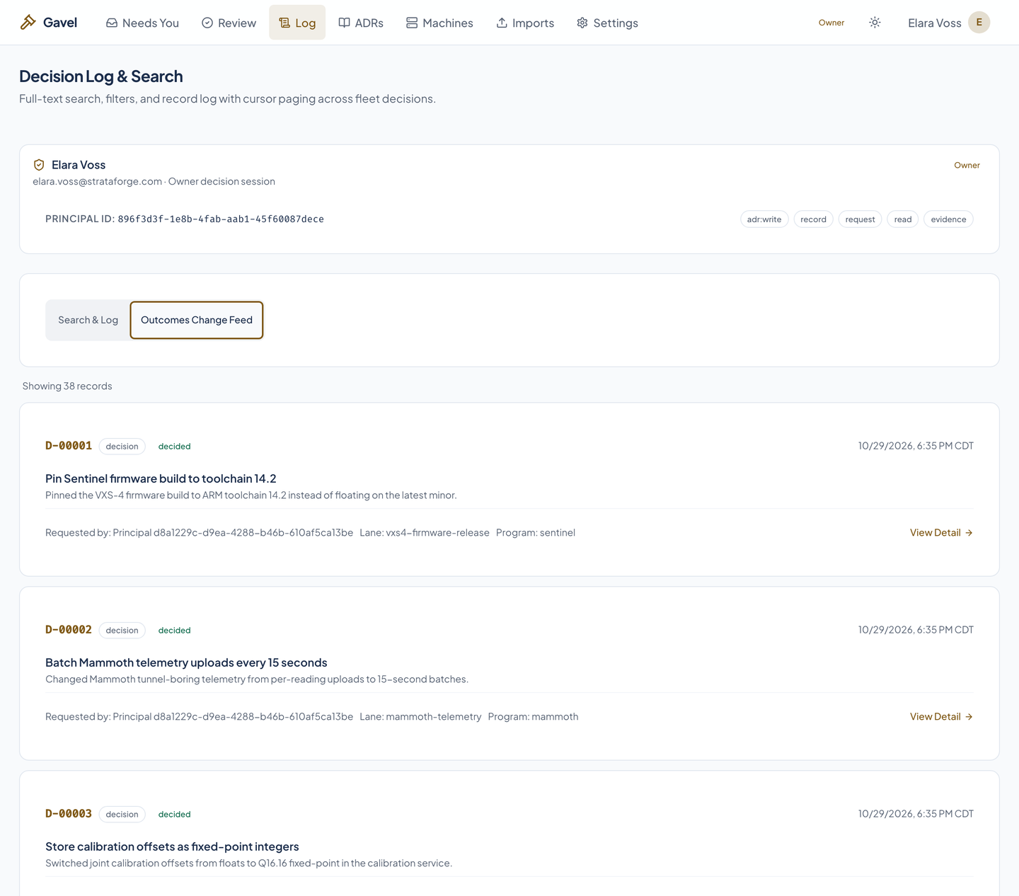 Gavel's Log page in outcomes mode.