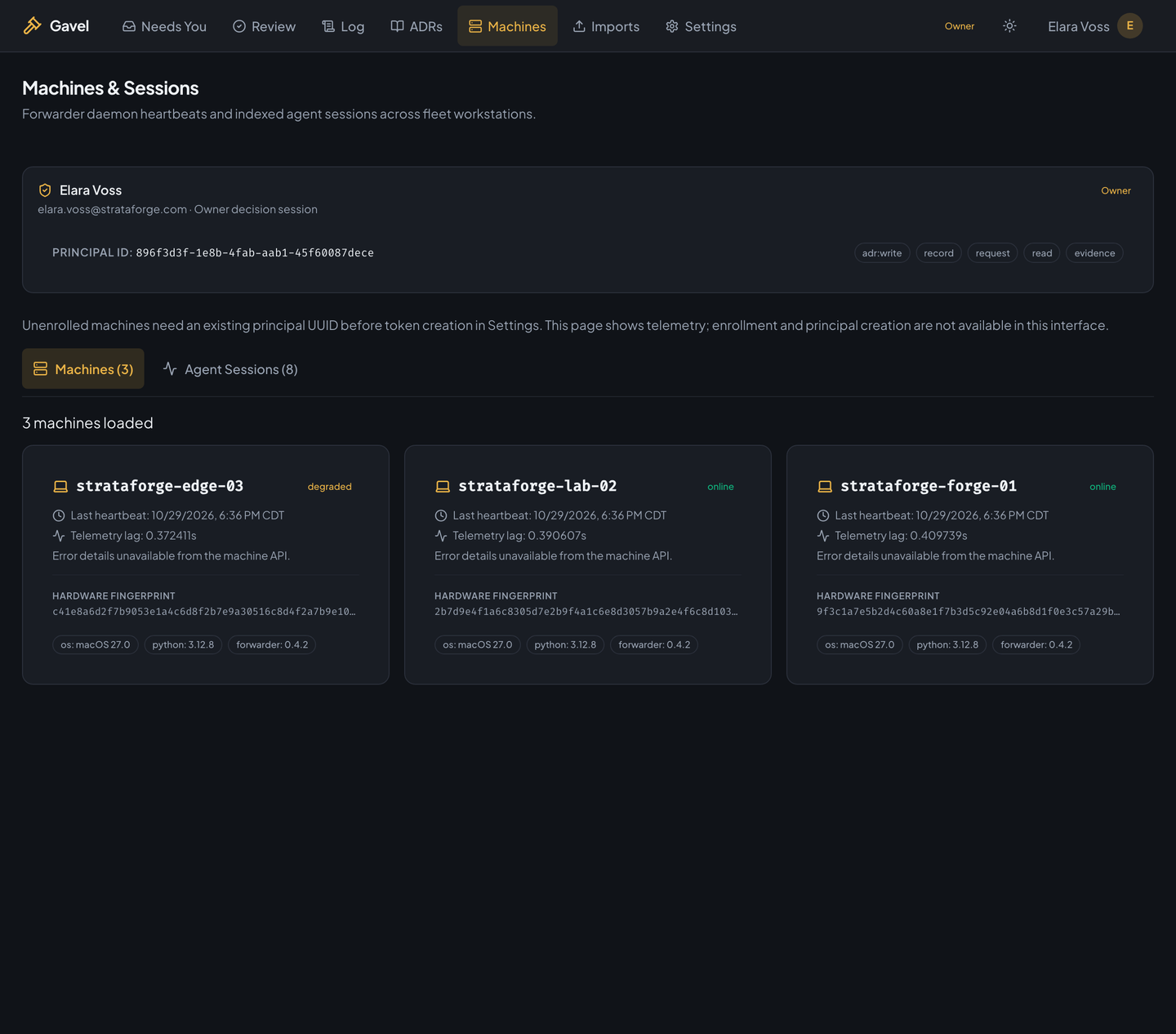 Gavel's machines page listing the workstations enrolled to send agent context.