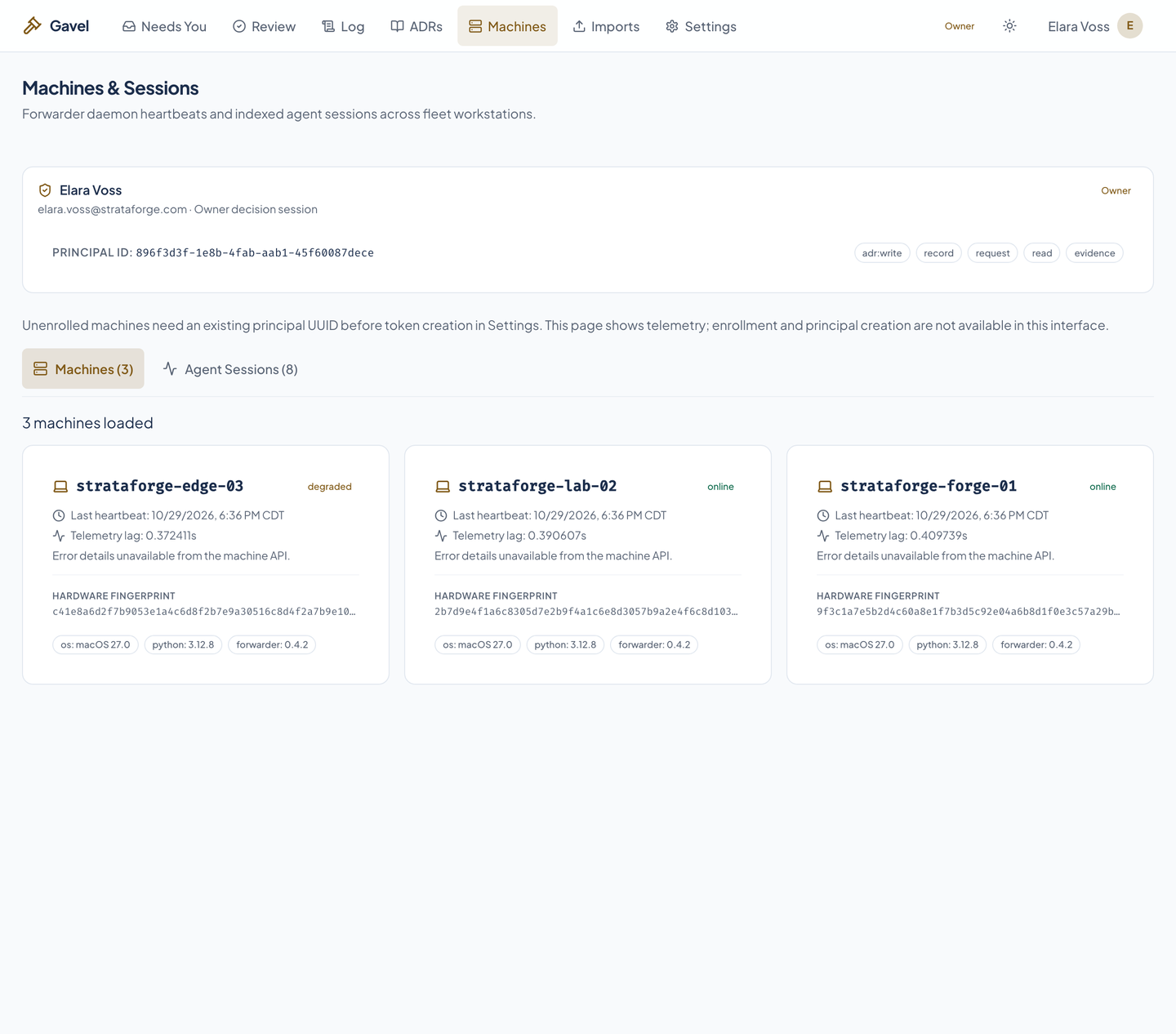 Gavel's machines page listing the workstations enrolled to send agent context.