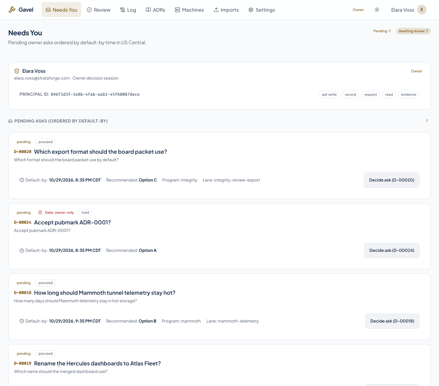 Gavel's Needs You page: open asks ordered by default-by time, each with a recommendation, a gate badge when it is held, and a Decide button.