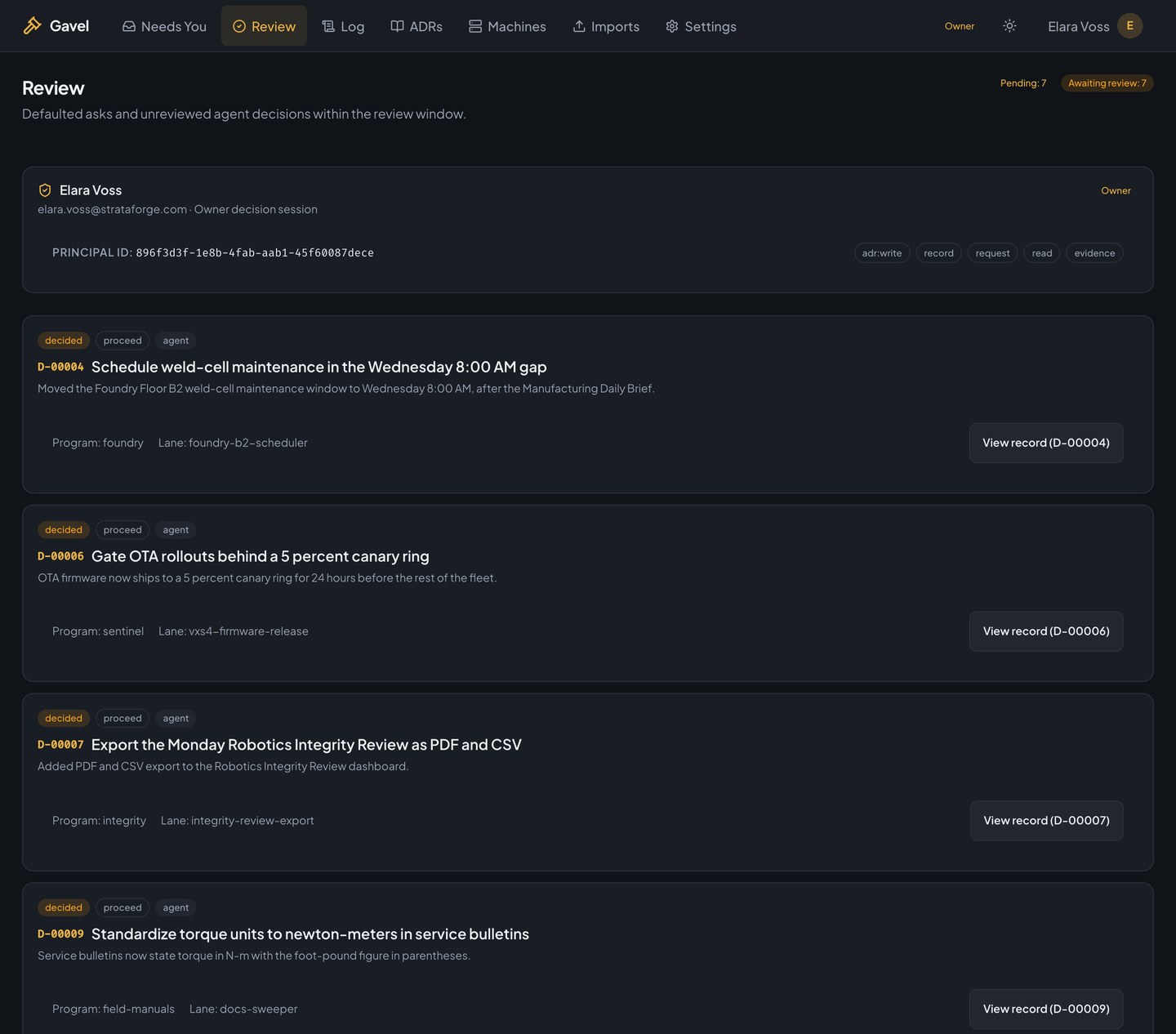 Gavel's review page listing the decisions agents made, ready for the owner to confirm or reverse.