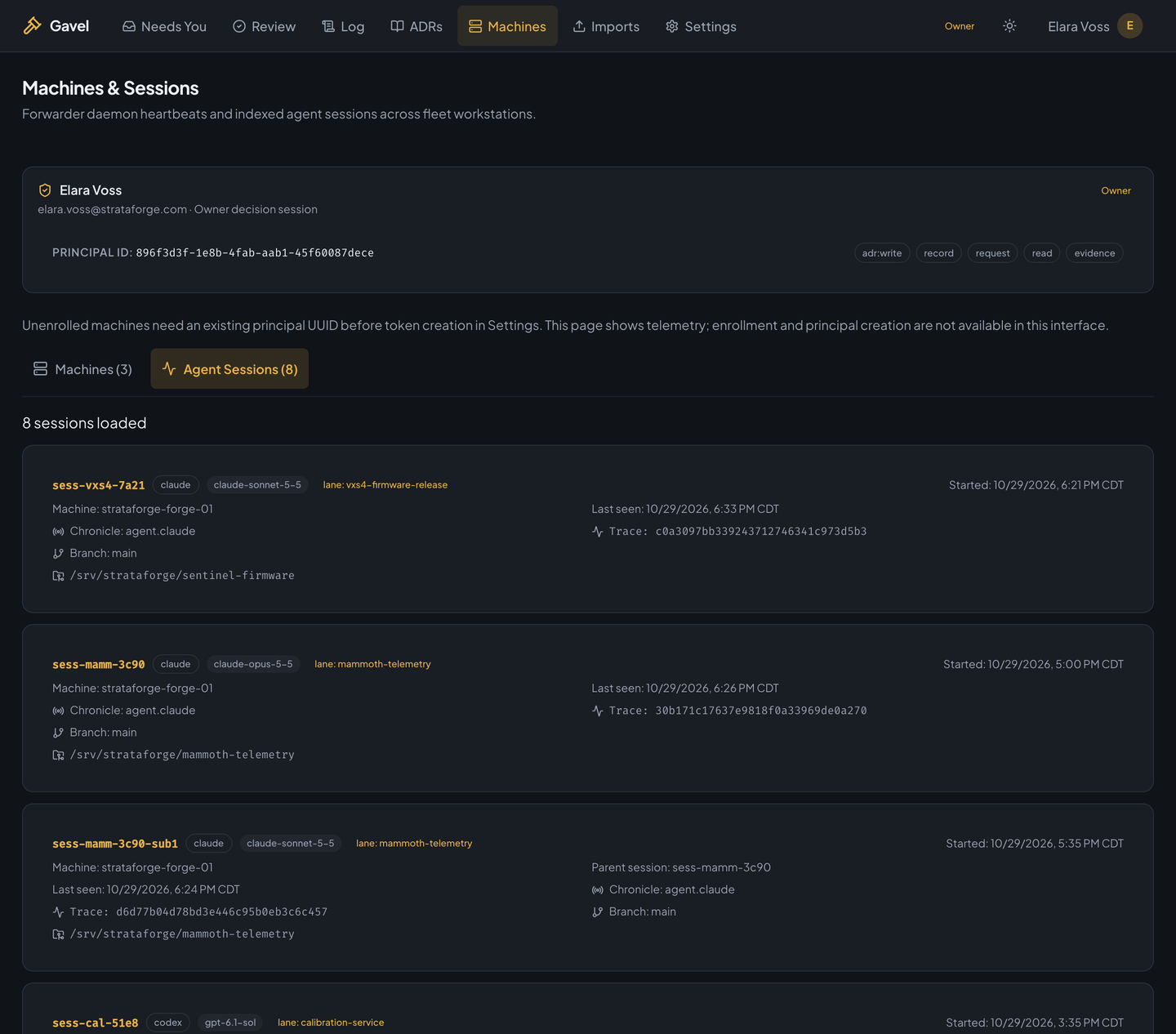 Gavel's Agent Sessions tab: indexed Claude and Codex sessions with lane, model, machine, and the parent for sub-agent sessions.