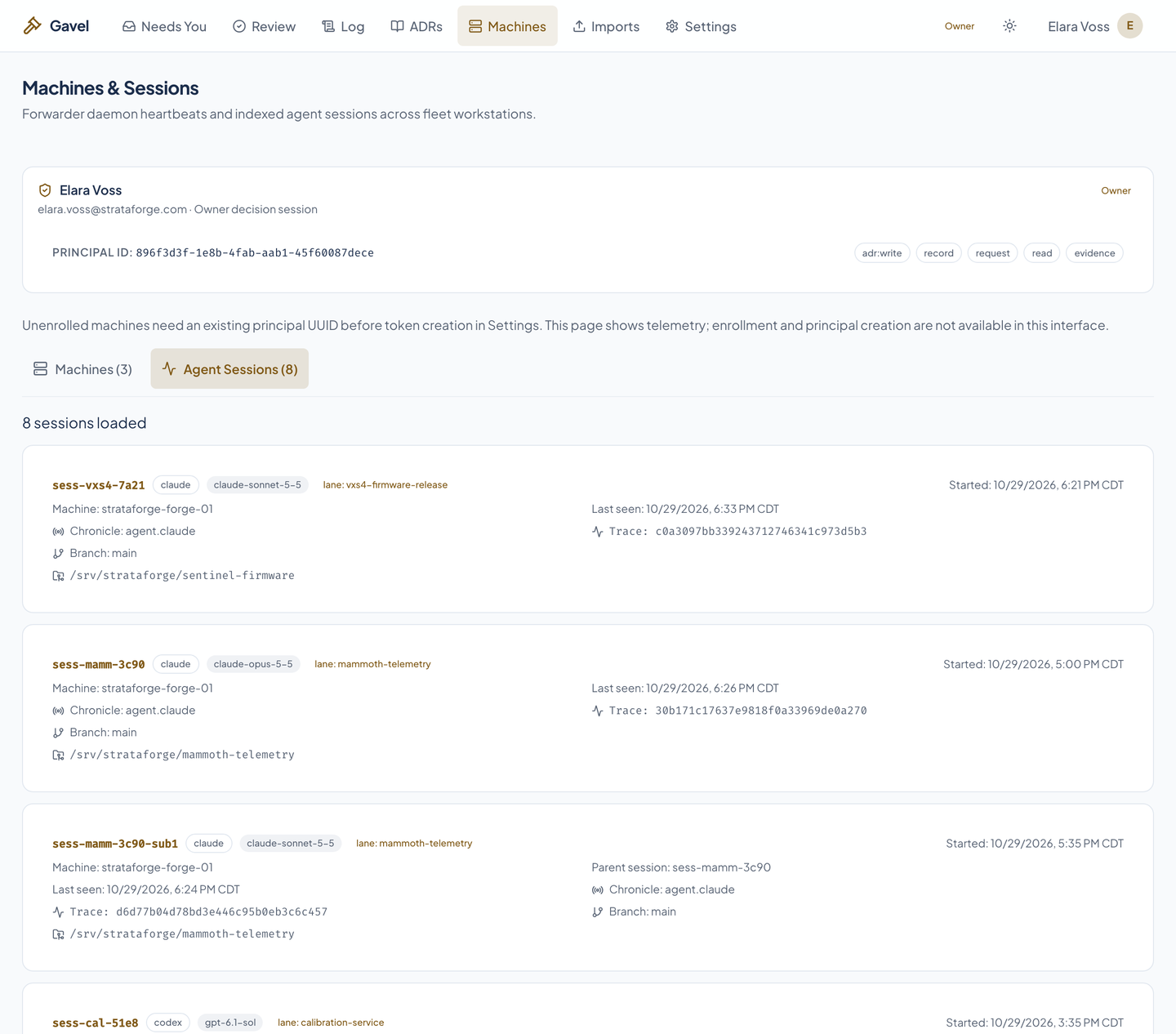 Gavel's Agent Sessions tab: indexed Claude and Codex sessions with lane, model, machine, and the parent for sub-agent sessions.