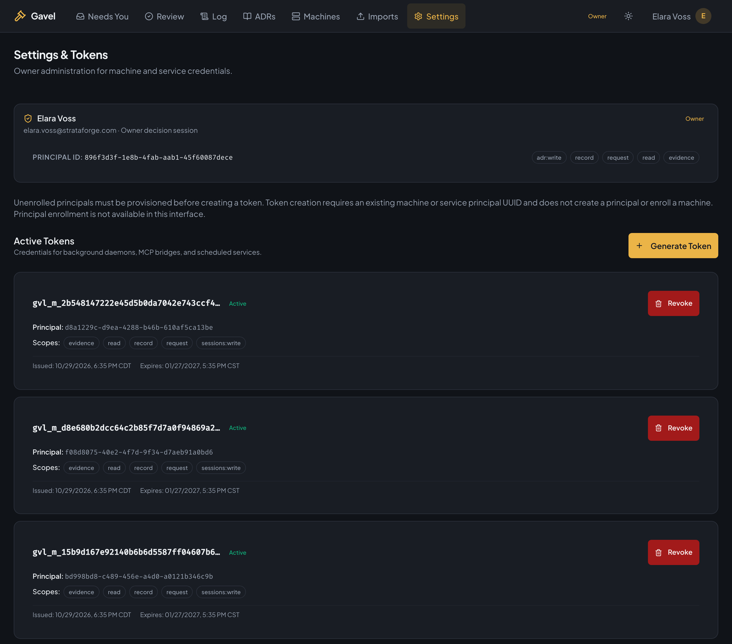 Gavel's Settings page: the list of machine tokens, each with its prefix, scopes, bound machine, and expiry.