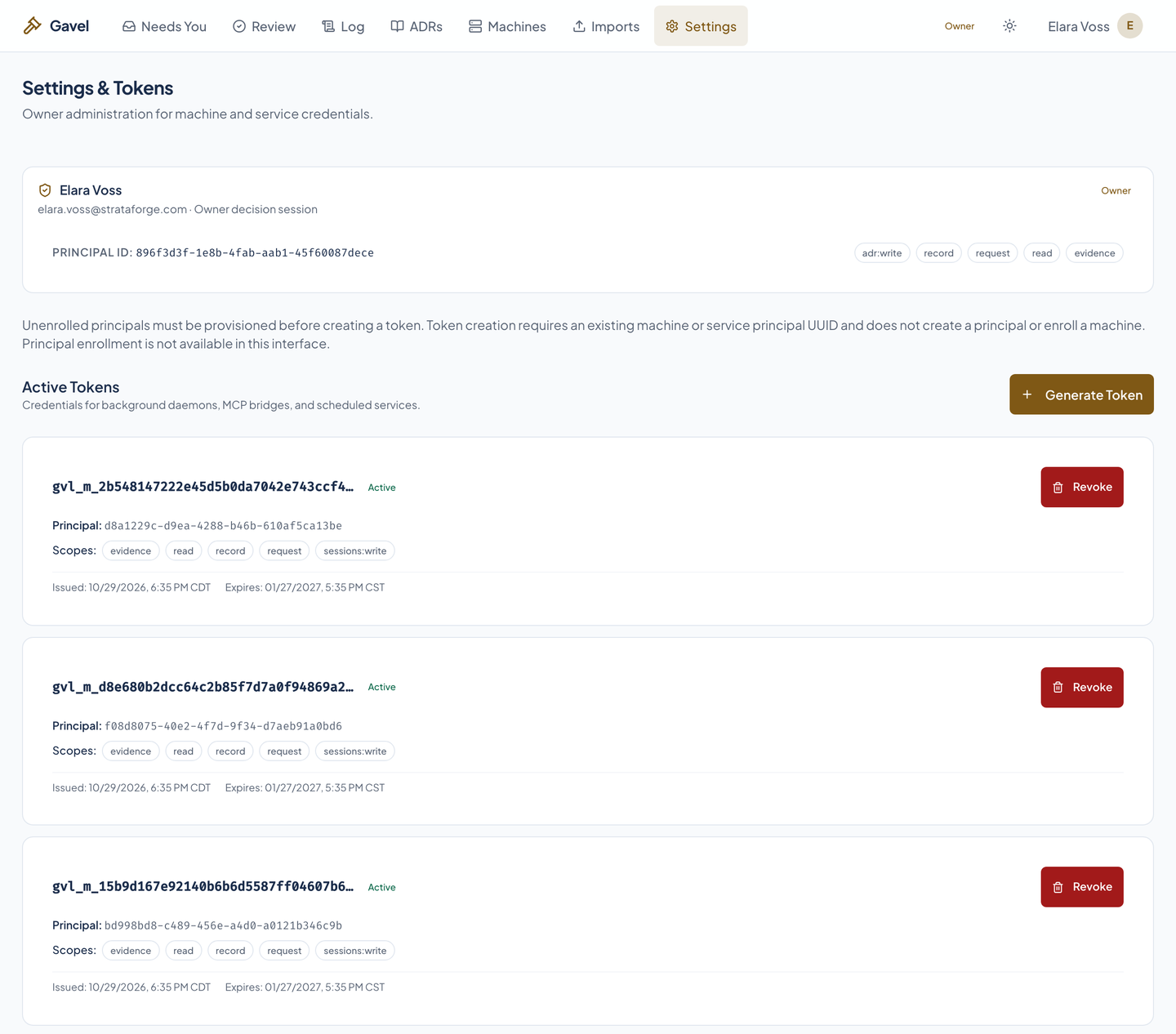 Gavel's Settings page: the list of machine tokens, each with its prefix, scopes, bound machine, and expiry.